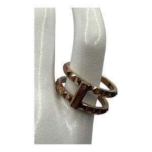 Henri Bendel Rose Gold Tone Studded Double Band Ring Crystal Bar 7 Edgy Signed
